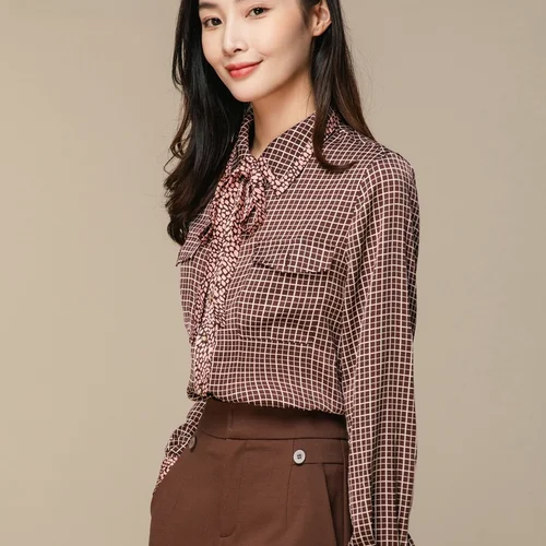 체크무늬 셔츠 직장용 심플 스타일 긴팔 폴리에스터 여성용 긴팔 레트로 플로랄 핑크 카멜 셔츠 상의 블라우스 셔츠 