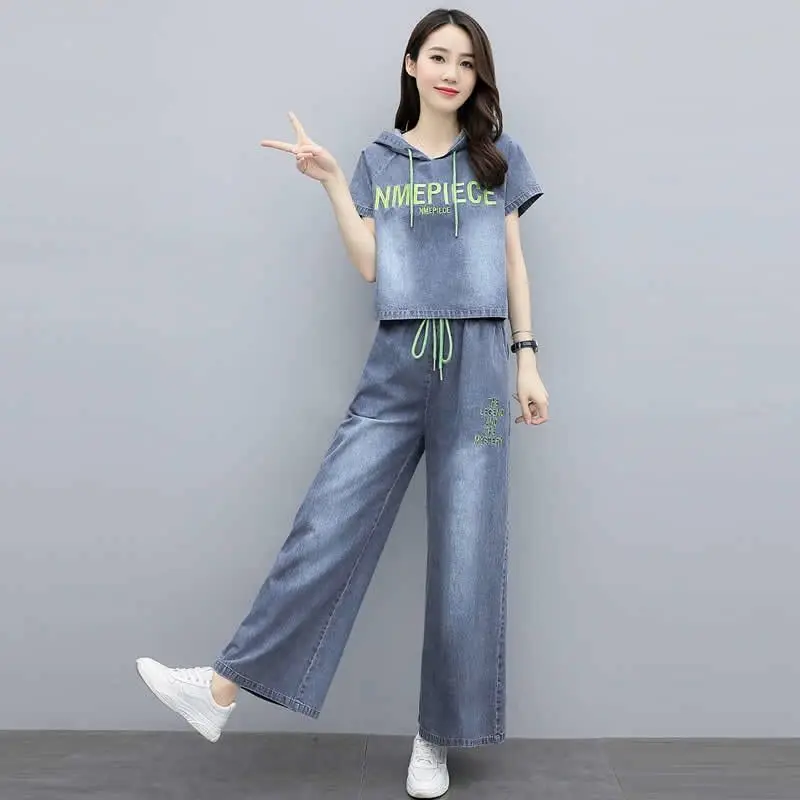 

Women's Summer Embroider Cowboy Two-piece 2024 Female New Loose Slim MM Fashion Retro Western-style Wide-leg Pants Age Sets Tide