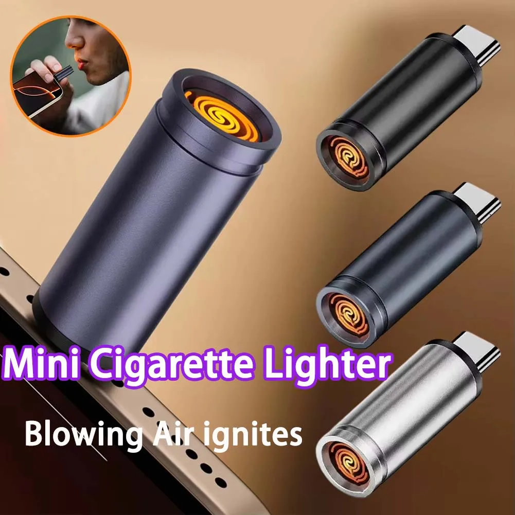 Mini Type-C Mobile Phone Cigarette Lighter Air Blowing Cigarette Lighter Outdoor Portable Windproof Safety Lighter USB C(No Gas)