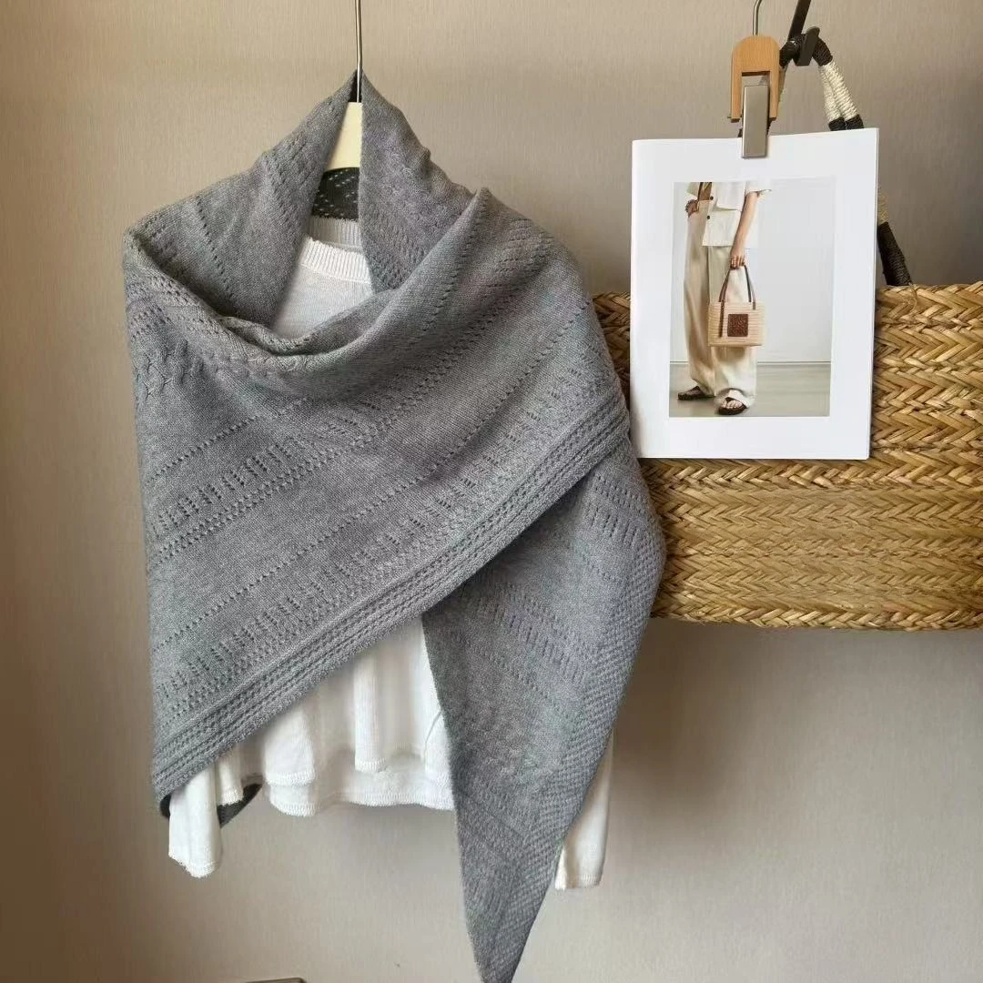 Vintage Solid Hollow Knit Wool Blend Triangle Shawl for Women Korean Style Versatile Shoulder Wrap Neck Protection Knitted Cape