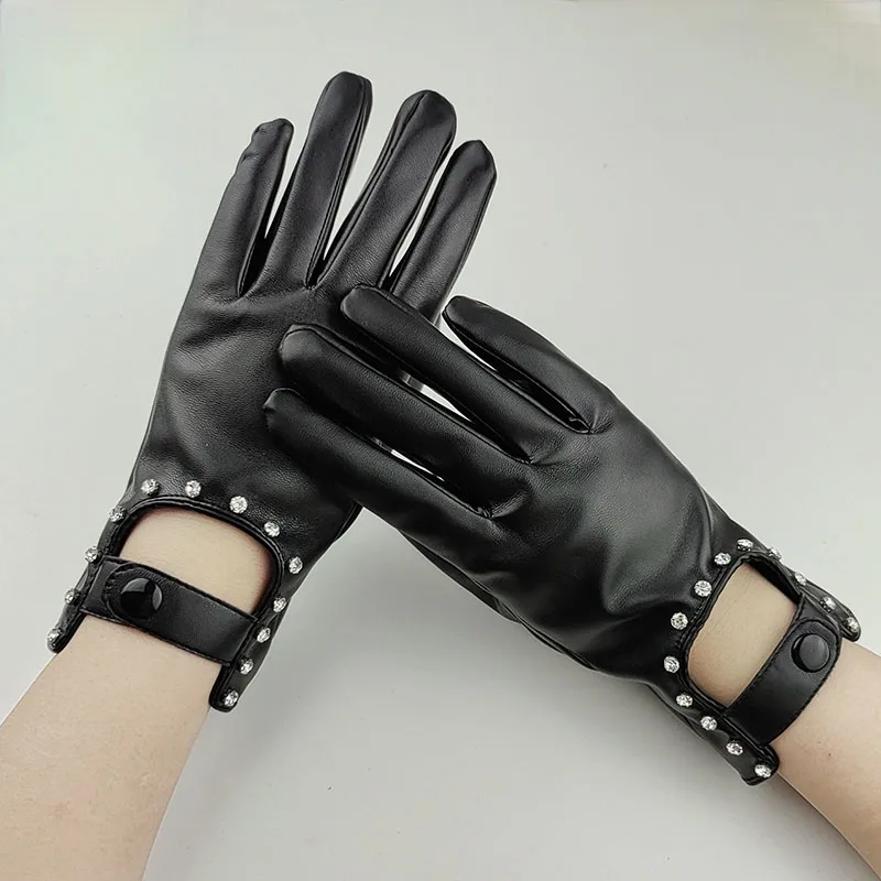 Autumn Winter Plus Velvet Thicken PU Leather Gloves Cosplay Nightclub Pole Dance Performance Drill Women's Touch Screen Warm