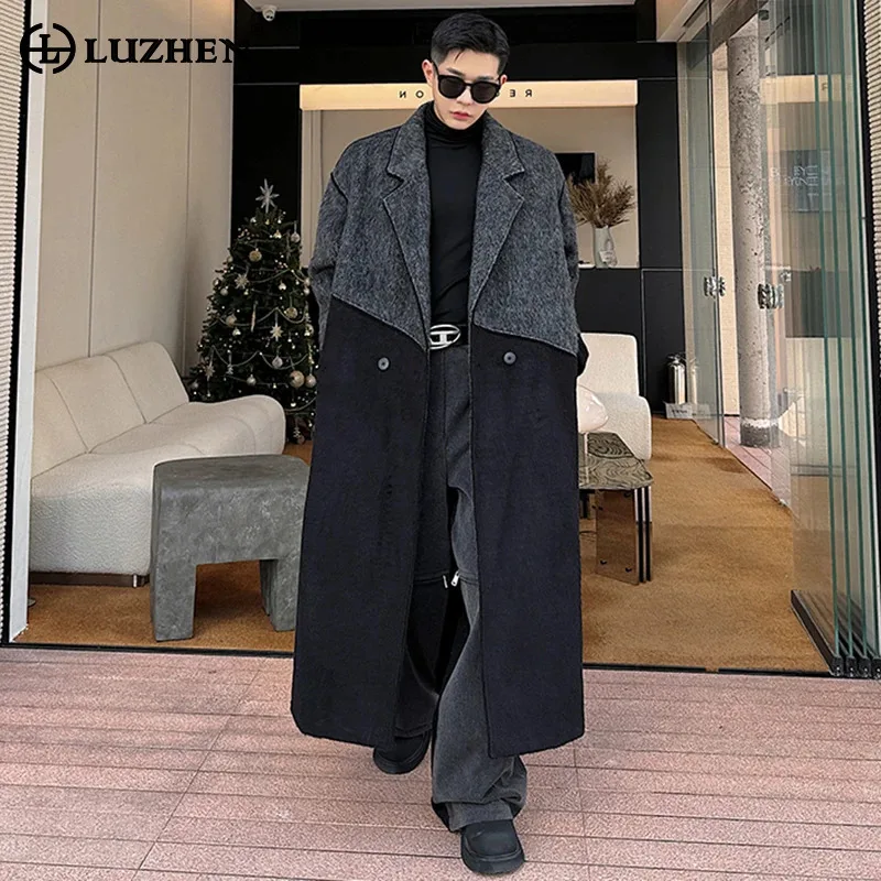 

LUZHEN High Quality Elegant Trendy Long Trench Woolen Coat Men Patchwork Designer Versatile Male Stylish Thermal Overcoat 6456f1