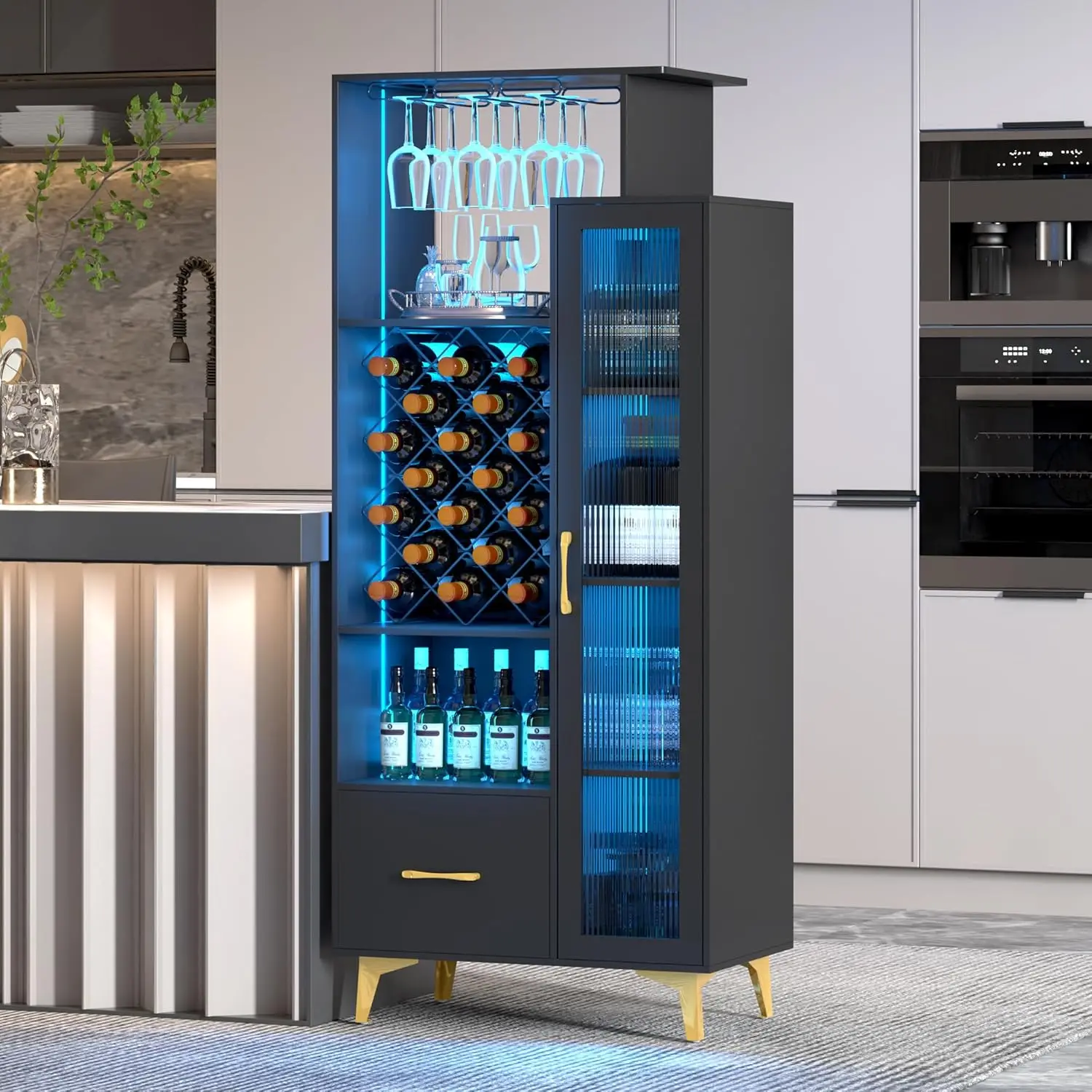 Wine Cabinet, Wine Bar Cabinet, Liquor Cabinet with Glass Holder Wine Rack, 3 Color LED Lighting Modes, Floor Bar Cabinet