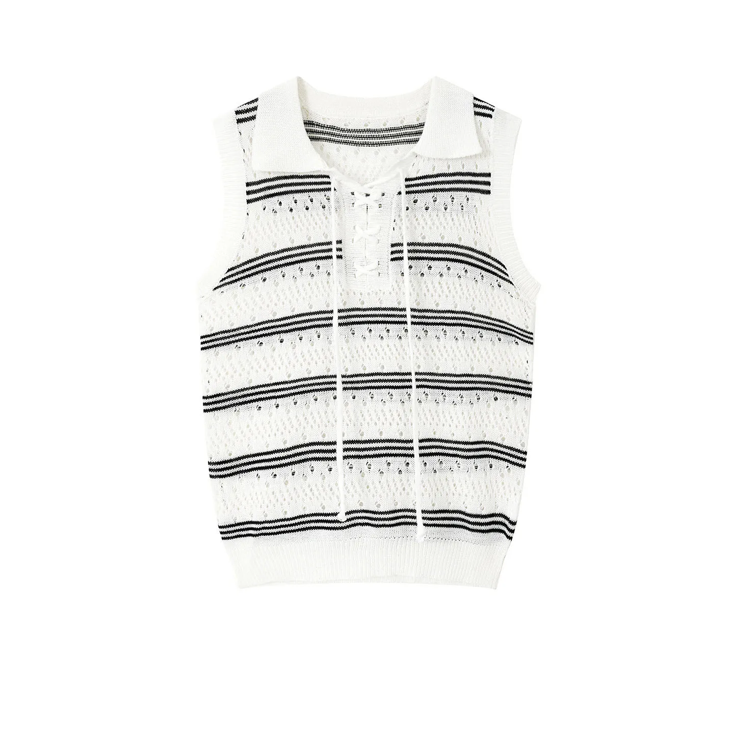 Summer Striped Hollow Out Knit Tank Tops American Casual Fashion Loose Simple Men's Lapel Lace-up Sleeveless Vest