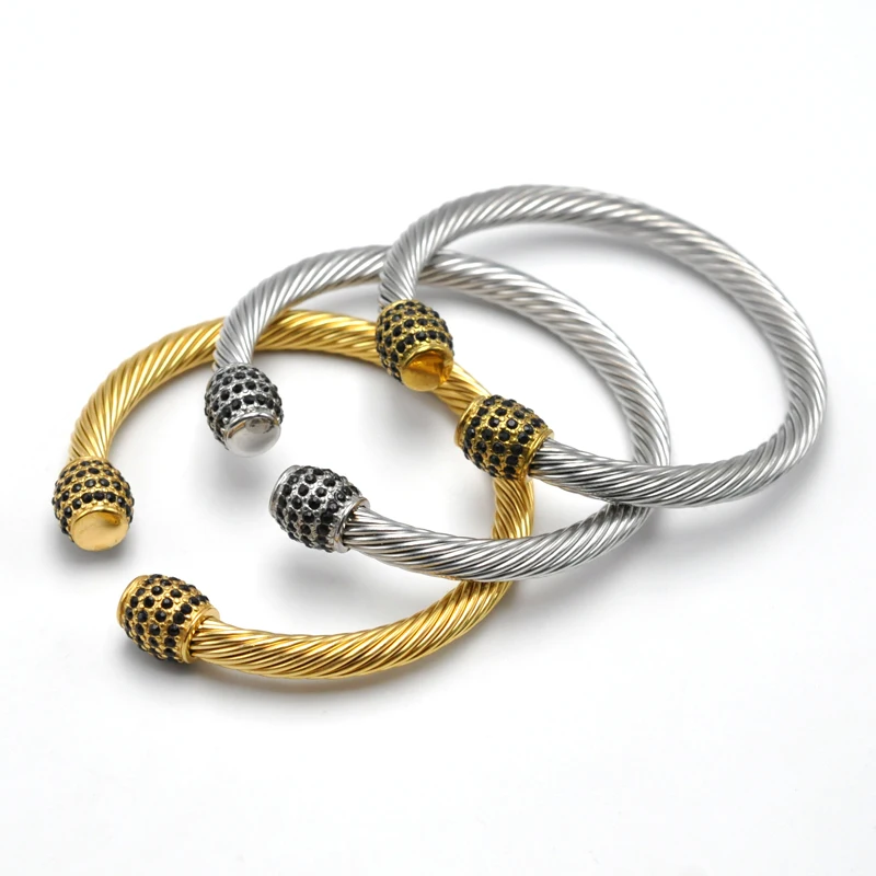 New Trend Stainless Steel Adjustable Wire Rope Bracelets Full Zircon Black Crystal Cuff Bangle for Women Men Stackable Jewelry