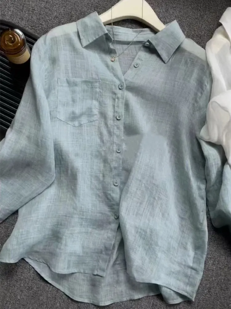 

Women's een Flax Lightweight Breathable Long Sve Sun Protection irt Autumn New Arrival Commute Sle Regular Fit