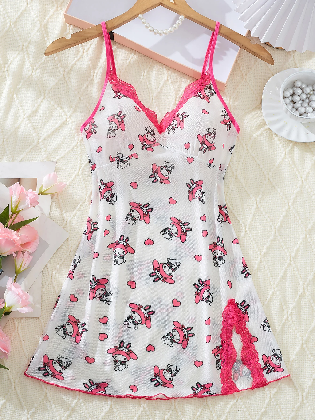 Sanrio Women Sexy Lingerie Hello Kitty Cute Sleep Dress Floral Print Ruffled Lace Camisole Nightgown Woman Suspender Nightdress