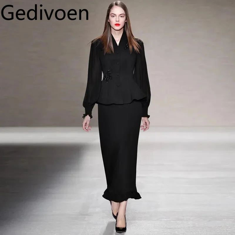 

Gedivoen Women's Elegant Commuter Black Dress Autumn and Winter V-Neck Beading Single-Breasted Tops+Slim Skirt 2 piece set