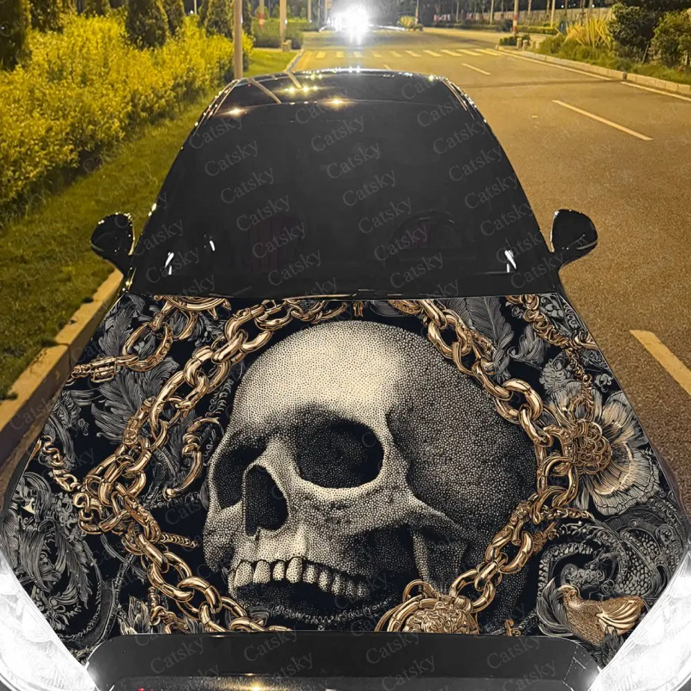Gilded Ornate Chain & Skull Car Hood Sticker,Waterproof Self-Adhesive Vinyl Graphics Decals,Decorative Auto Accessories Stickers