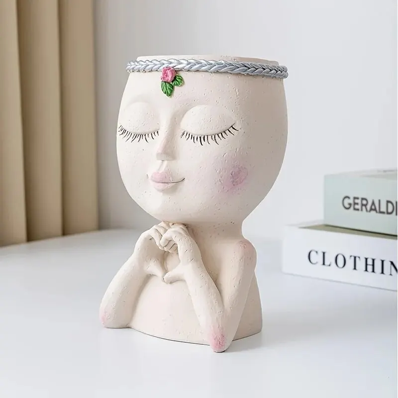 Face Flower Pot Girl Planter Figure Art Statue Ornament Home Human Resin Decorative Potted with Drainage Hole Gift For Her/Him