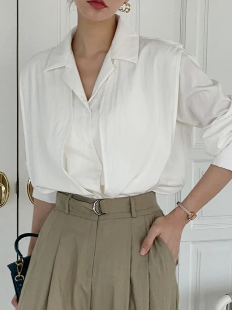 Ele Doppio Strato Drappeggiato Lungo Sve Pendolarismo irt Versatile Indossare Design Chic Lazy Sle Busin Casual Loose Fit irt