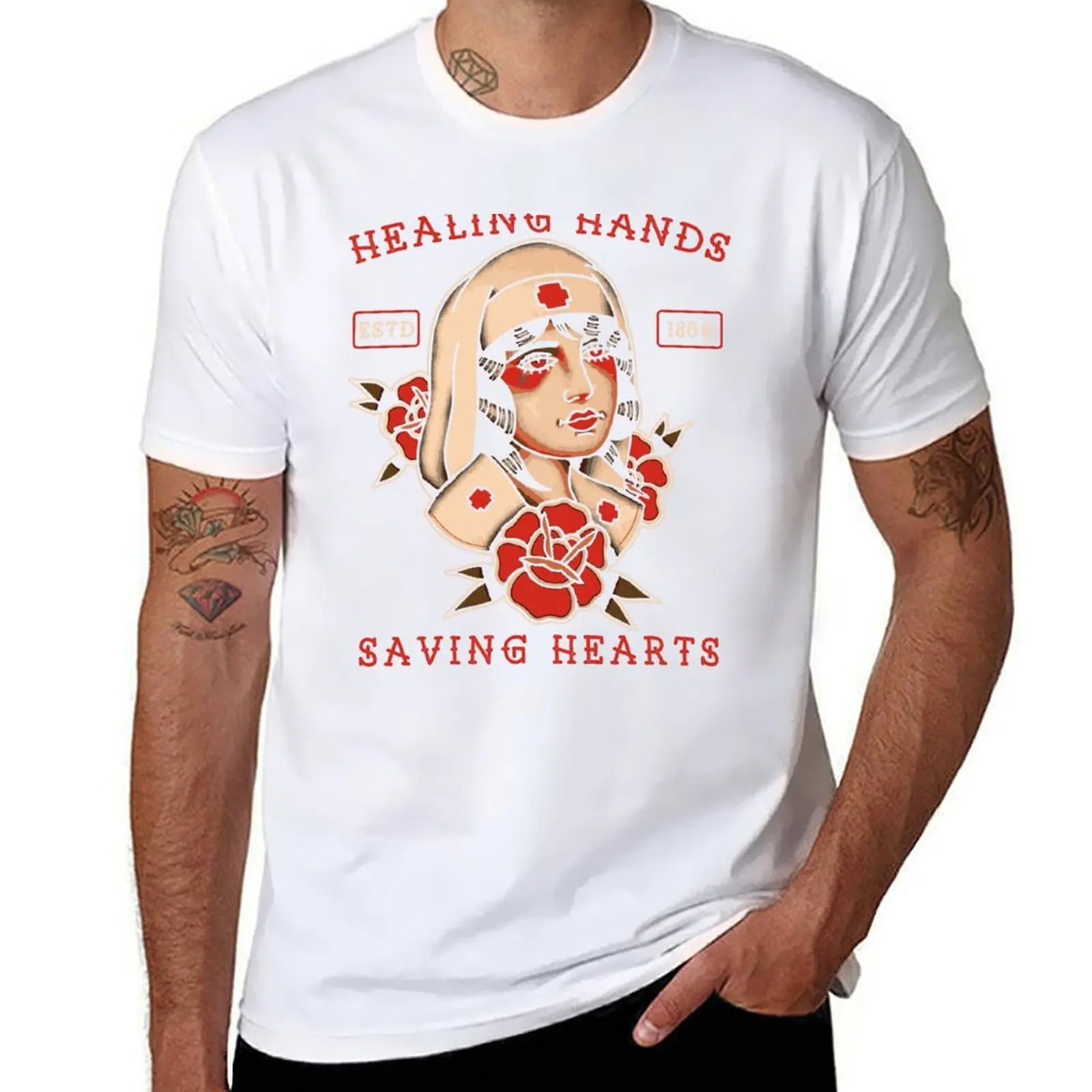 Mains de guérison, sauvegarde de coeurs, tatouage de vieille école, infirmière, T-Shirt de conception d'allaitement T-Shirt en coton homme T-Shirt homme T-Shirt de luxe