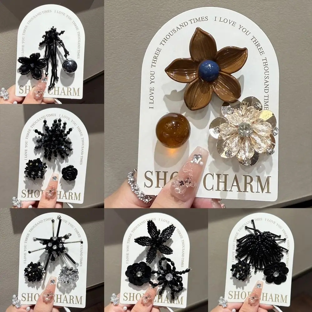 3pcs/set Flower Bead Chain Crystal Shoe Charms Sparkling Tassel Pearl Jelly Flower Charm Handmade Elegant Heavy Work Shoe Clips