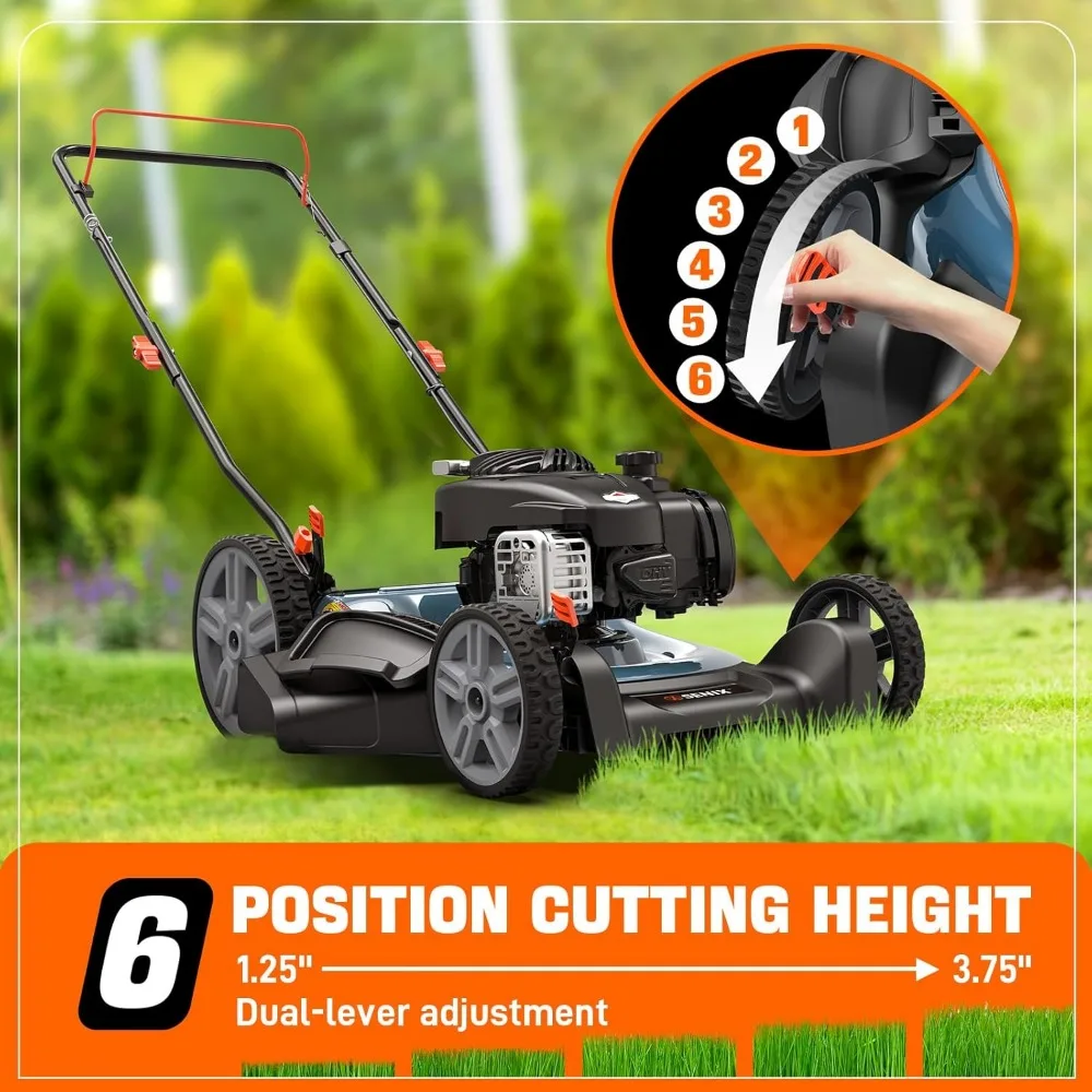 Cortador de grama a gás SENIX de 21 polegadas com motor Briggs & Stratton de 4 ciclos de 125cc, mulching e capacidades de descarga lateral, C ajustável