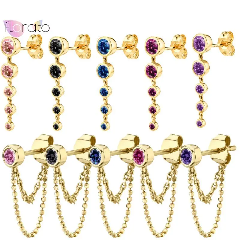 

925 Sterling Silver Needle Premium Geometric Design Round Chain Stud Earrings With Colored Zircons Women's Fashion Jewelry Gifts