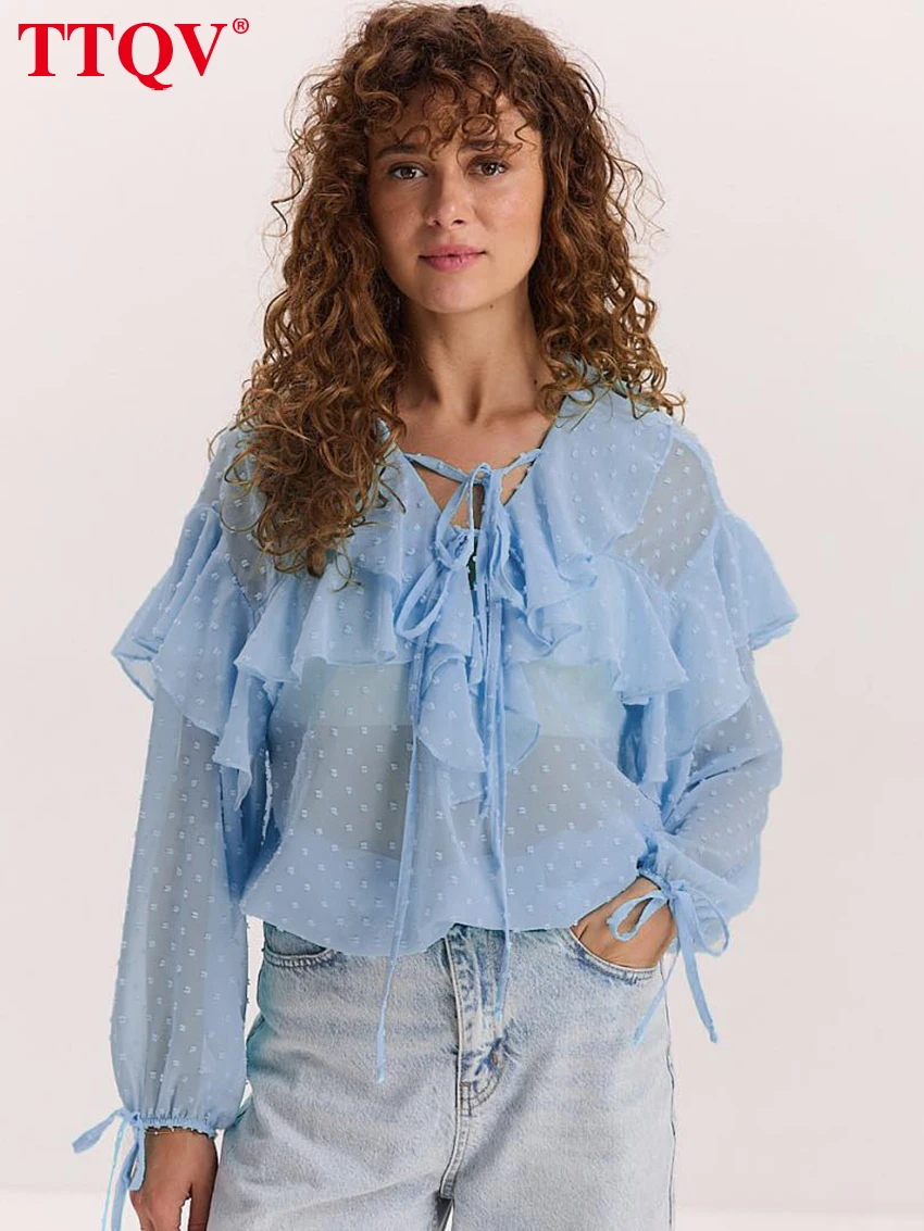

TTQV Fashion Loose Blue Women's Shirt 2026 Sexy V-Neck Long Sleeve Lady Shirt Elegant Classic Lace-Up Ruffle Top Female Clothing