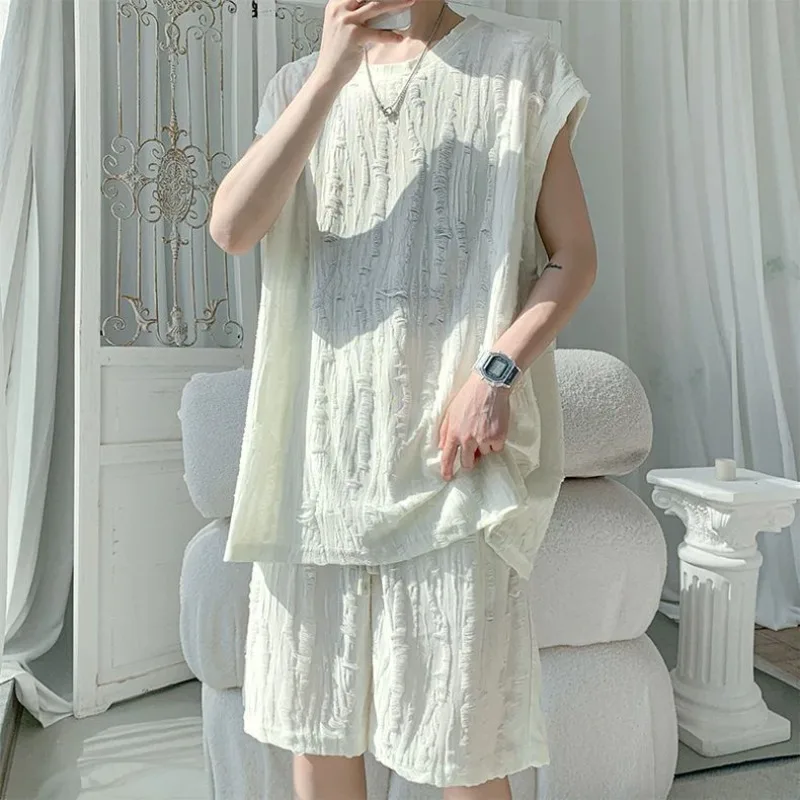 Men's Teen Sportswear Set Lightweight Summer Holey Mesh Vest Loose Sleeveless T-Shirt Combo Active Wear for Sports Casual