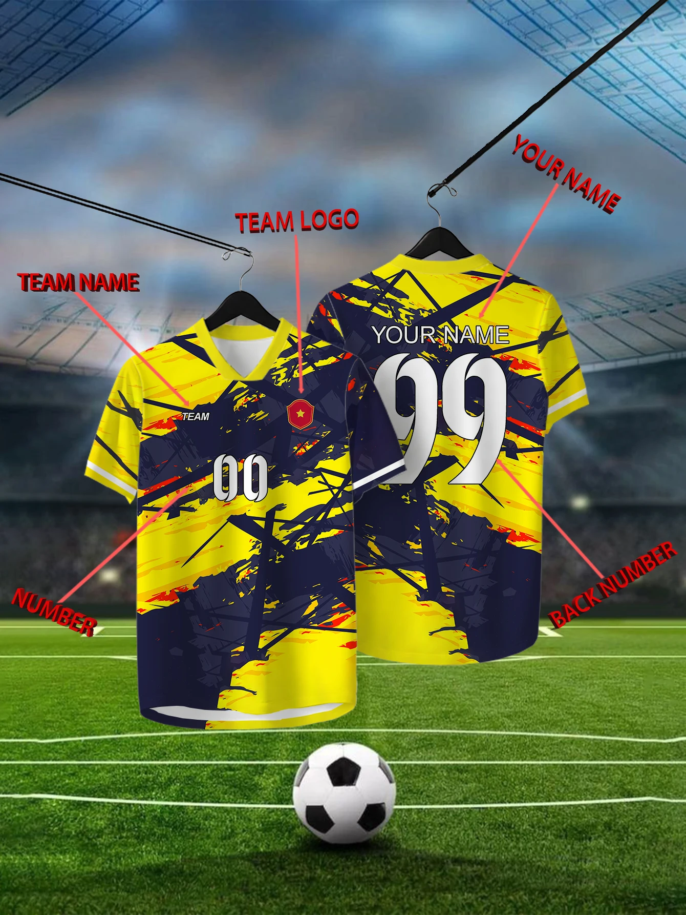 

Customized Geometric Yellow Short Sleeved Shirt with Team Name, Emblem, Name and Number, Outdoor Sports Short Sleeved T-shirt