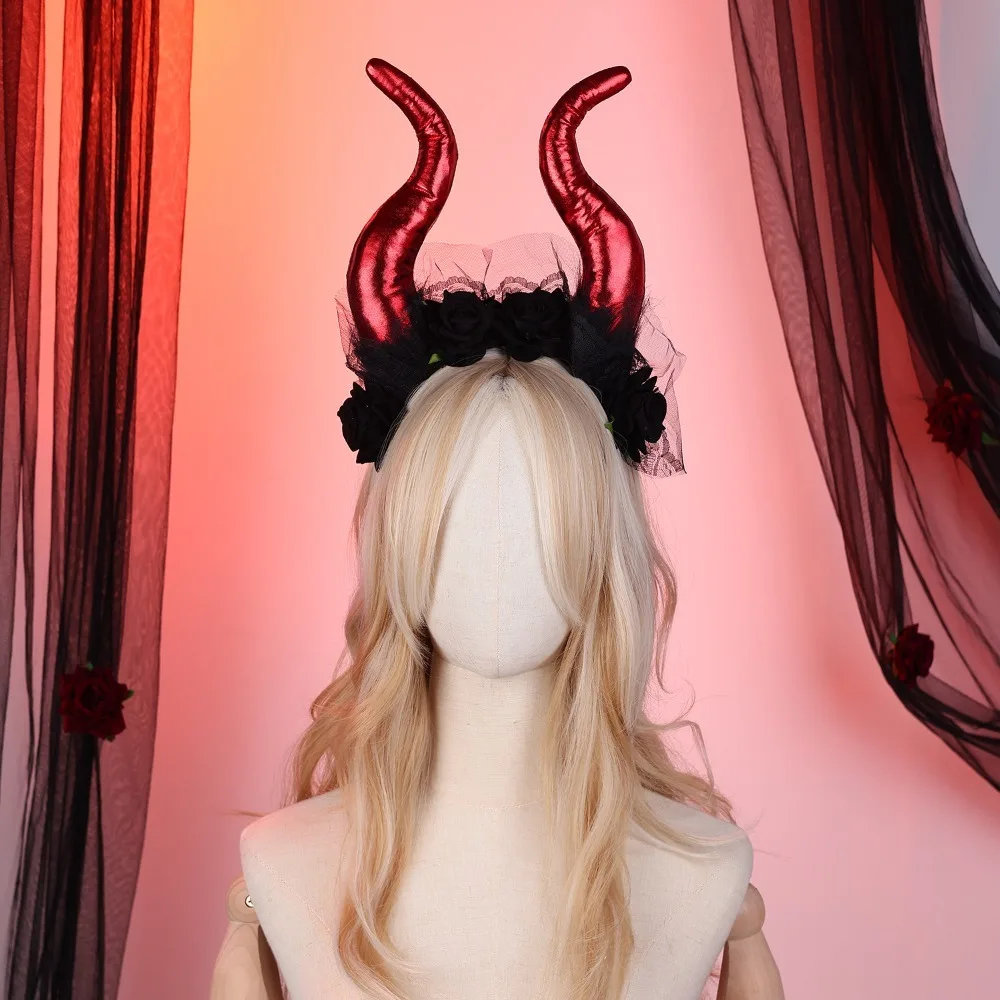 

Hairbands Flowers Design Halloween Cow Horns Headband Lace Trim Unique Sheep Horn Headband Fashion Red Rose Headband Cosplay