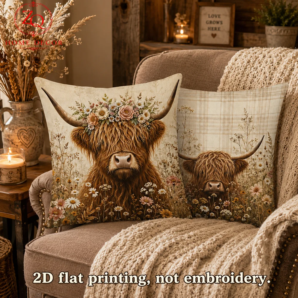 Vintage Highland Cow Coussin 2 Pcs Peach Skin Cushion Covers 2D Flat Printed Floral Sofa Room Decor Bed Pillowcase Set