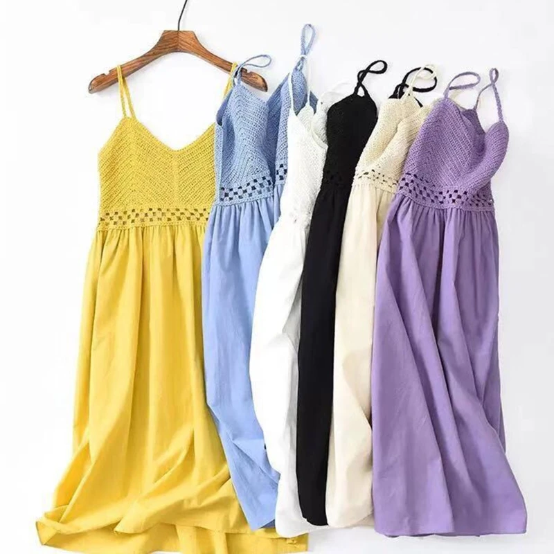 Solid Color Crochet Knit Women Pleated Flare Hem Midi Long Dress N7YE