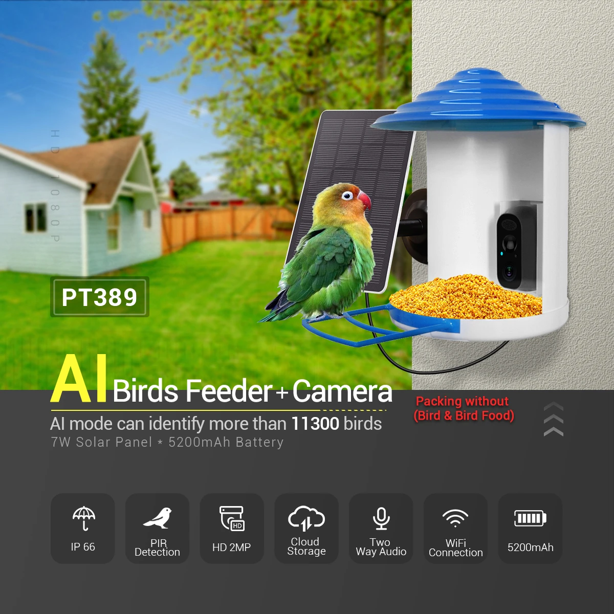 PT389 2MP 1080P Bird Feeding Solar Power Low Comsunption IP Camera AI Outdoor Watch Bird Feeder Long Time Standby Monitor