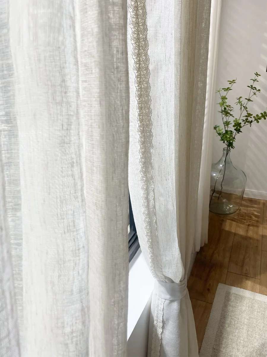 Korean Lace Linen Yarn Sheer Curtains for Bedroom Princess White Voile Cortinas with Lace Edge Transparent White Linen Tulles