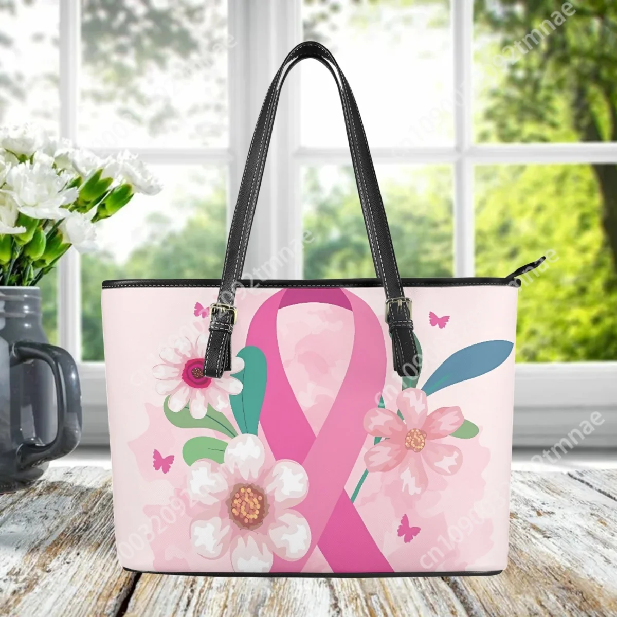 Custom Street Trend Fashion Handbag for Women Ribbon Breast Cancer Awareness Designer Tote Bags Large Capacity Portable Pouch