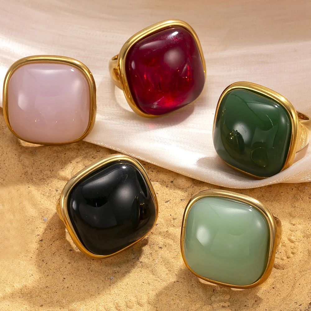 

Красочный опал, натуральный камень «кошачий глаз», квадратное кольцо из нержавеющей стали, высокое качество, устойчивый к ржавчине, золотой цвет, палец для женщин, ювелирные изделия