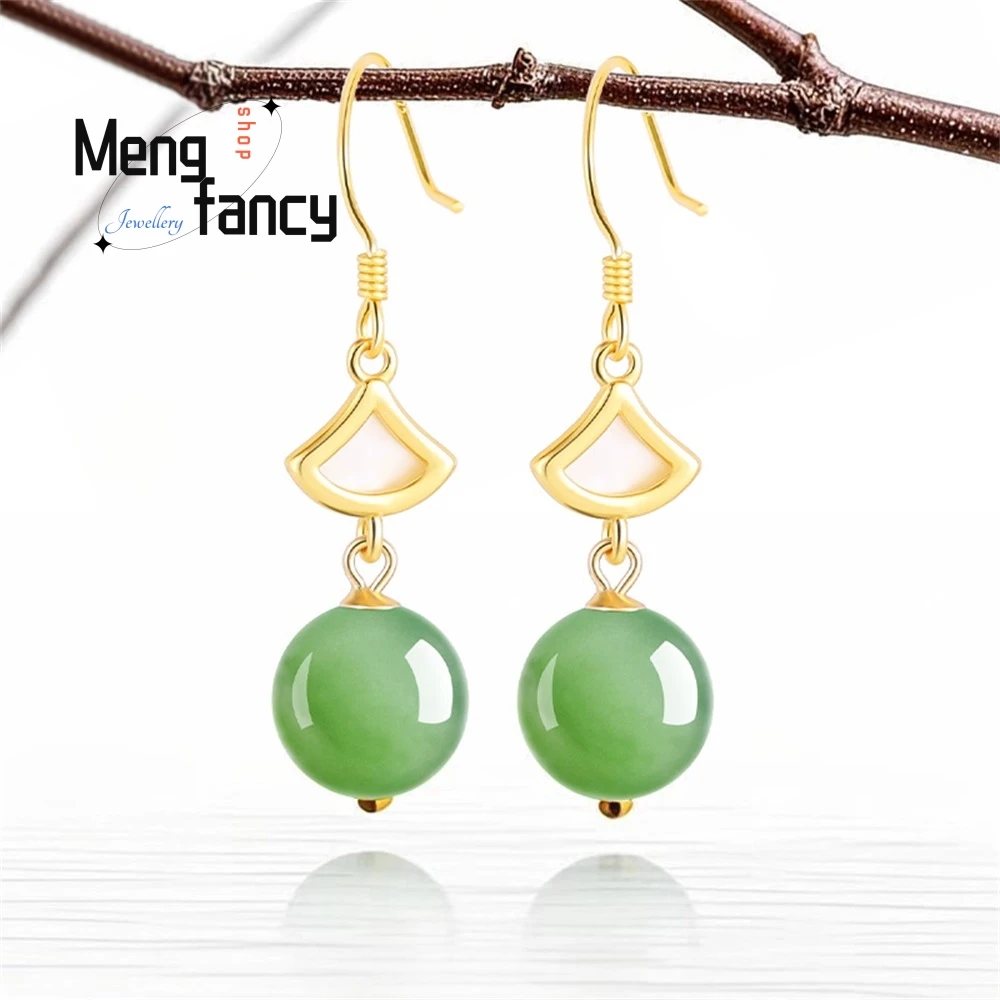 

Spinach Green S925 Silver Natural Hetian Jade Jasper Round Bead Earrings Jade Elegant, Fashionable And High-End Women's Earrings