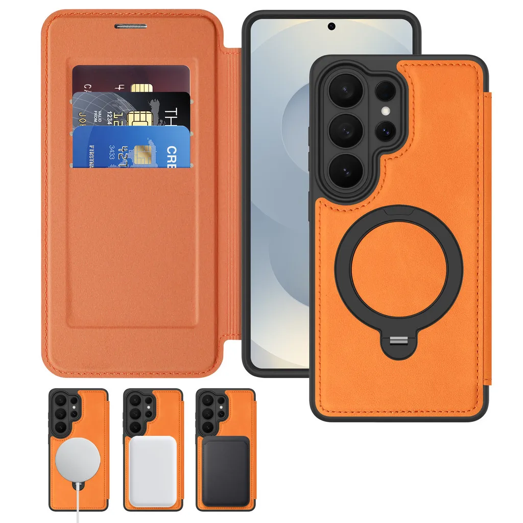 

For Samsung Galaxy S26 Ultra/S26 Plus Advanced leather flip card slot wireless magnetic Rotating ring holder phone case shell