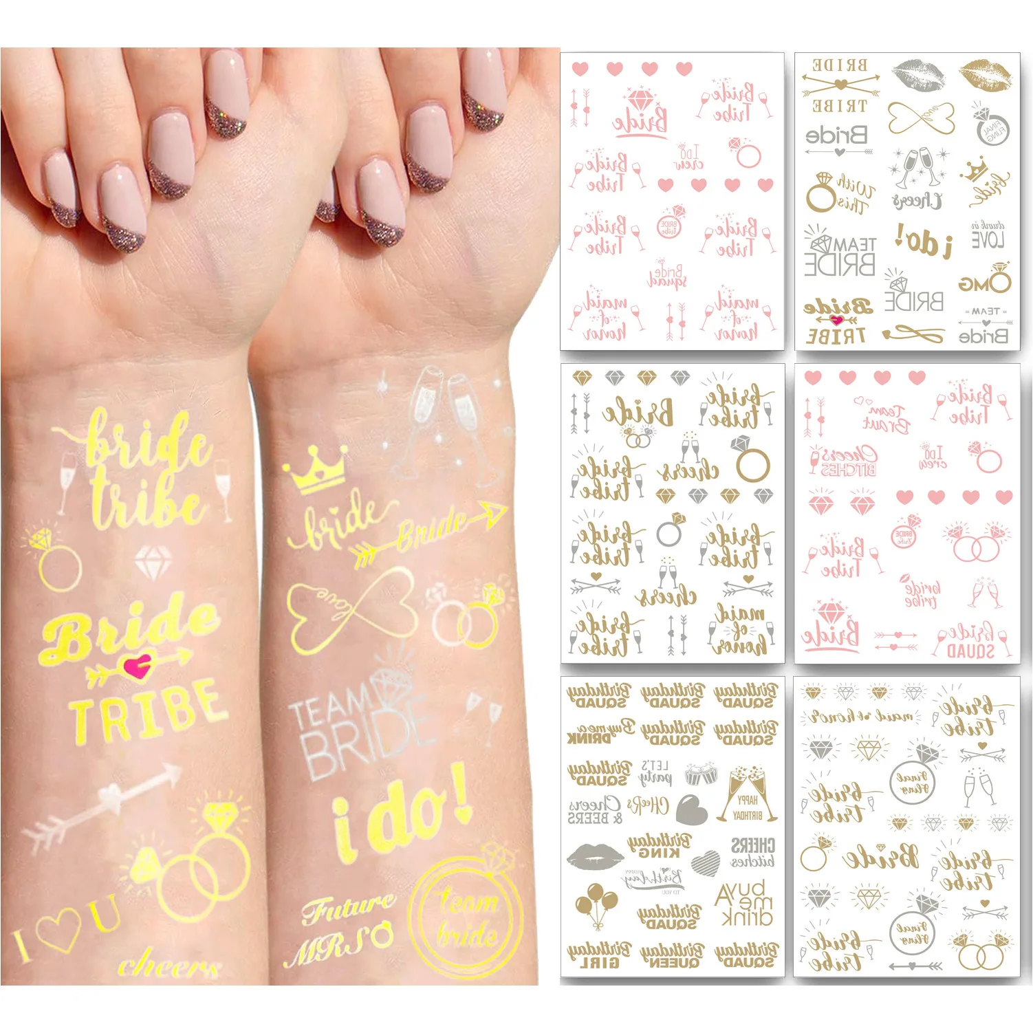 

21*15CM Wedding Proposal Party Tattoo Stickers Bride Rose Gold Letter Hot Stamping Tattoo Stickers Bride Singles Party Stickers