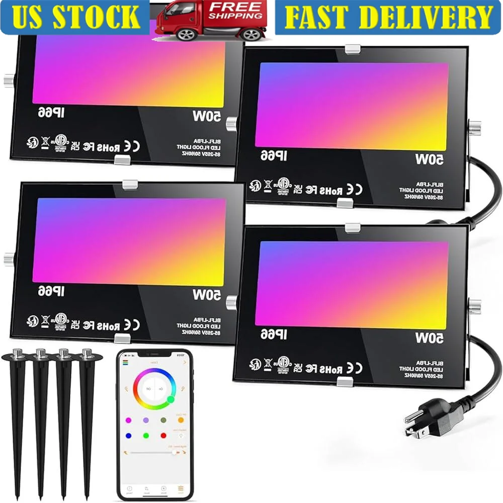 

50W Bluetooth RGBW LED Flood Light Outdoor App Control 5000LM Color Changing Floodlight with Timing Modes Garden Landscape Party