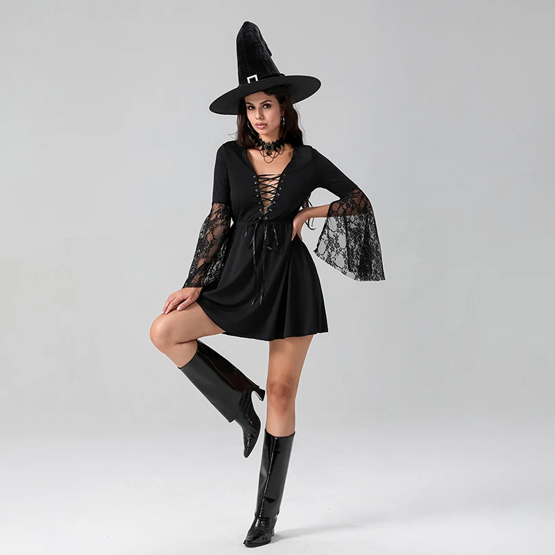 Halloween Witch Cosplay Costume for Women Lace Flare Long Sleeve Cross Tie Front Short A-Line Dress with Hat Outfits