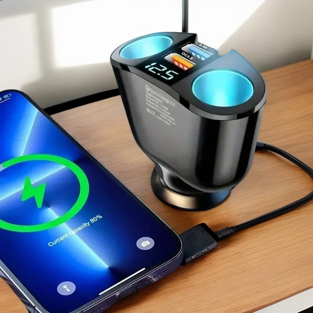 

​ ​ Автомобильное зарядное устройство с двумя USB-портами мощностью 120 Вт — 360° ° Вращающийся разъем прикуривателя типа C, аксессуар для быстрой зарядки ​ ​