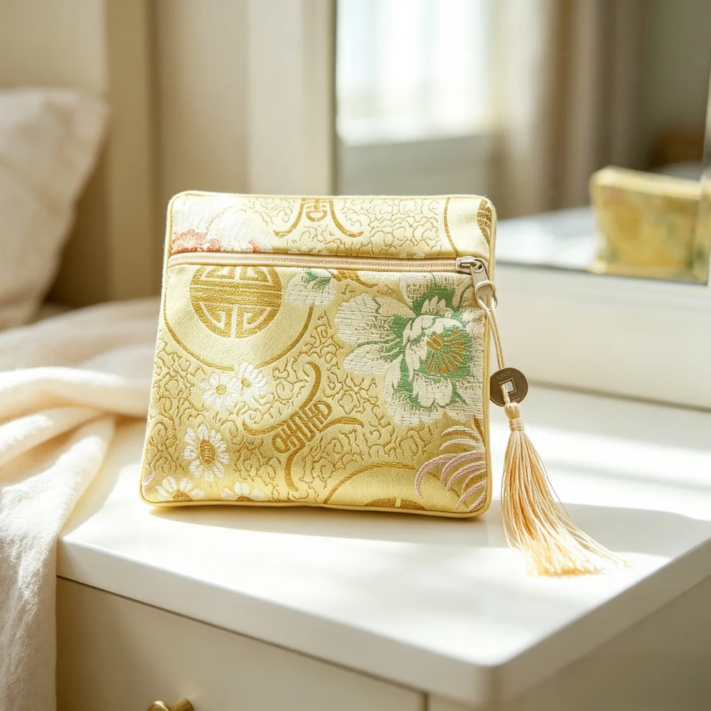 Beige Jacquard Square Coin Purse – Classic Auspicious Motif with Tassel & Coin Decoration, An Elegant & Lucky Accessory for Coin