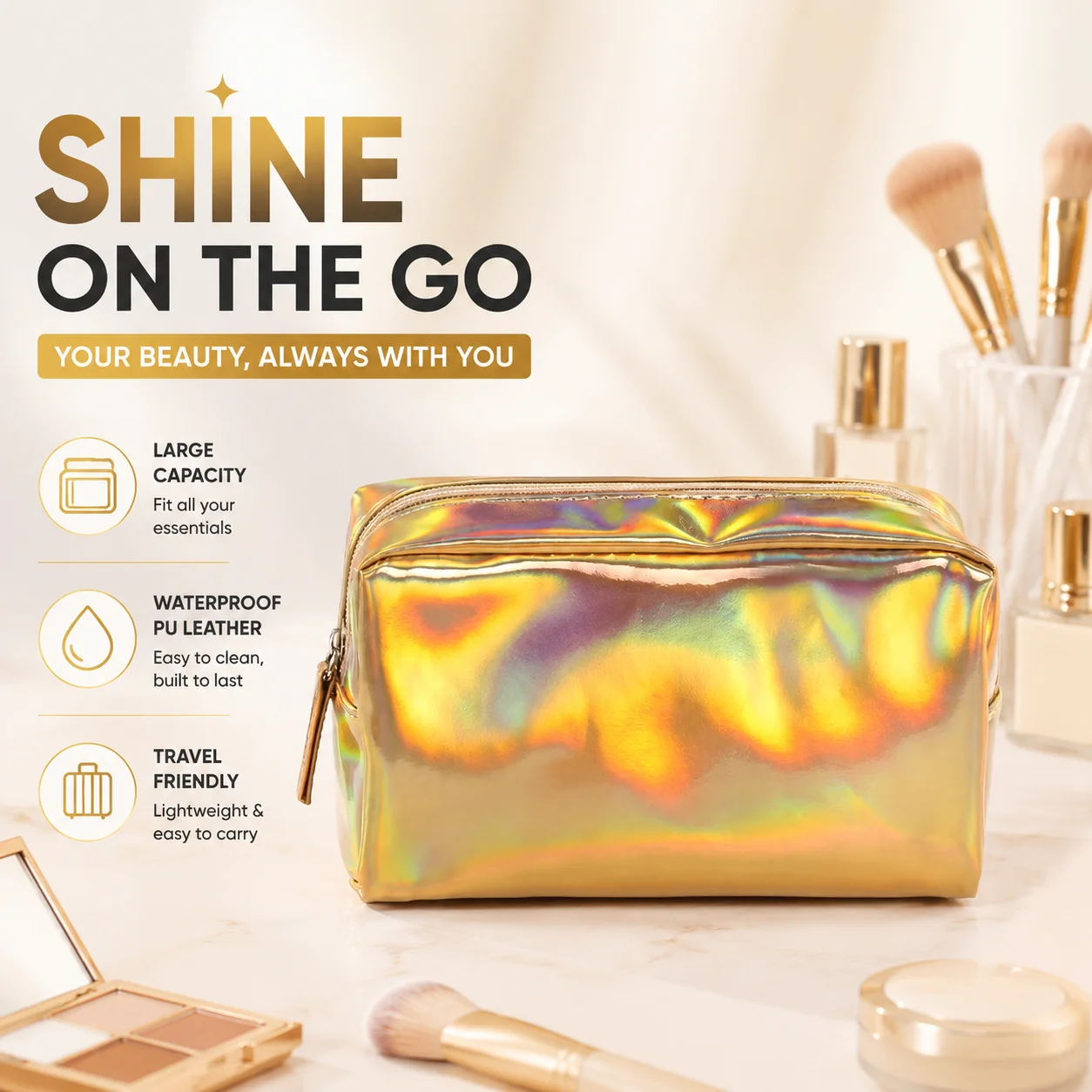 Portable Solid Color PU Leather Laser Cosmetic Bag Large Capacity Travel Wash Storage Waterproof Makeup Bag with Zipper