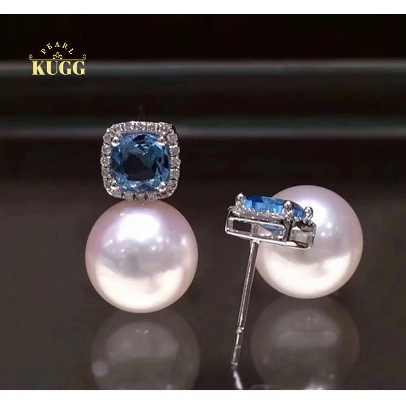 

KUGG PEARL 18k White Gold Earrings 9-9.5mm Natural Akoya Pearl Stud Earrings for Women Luxury Topaz Party Jewelry