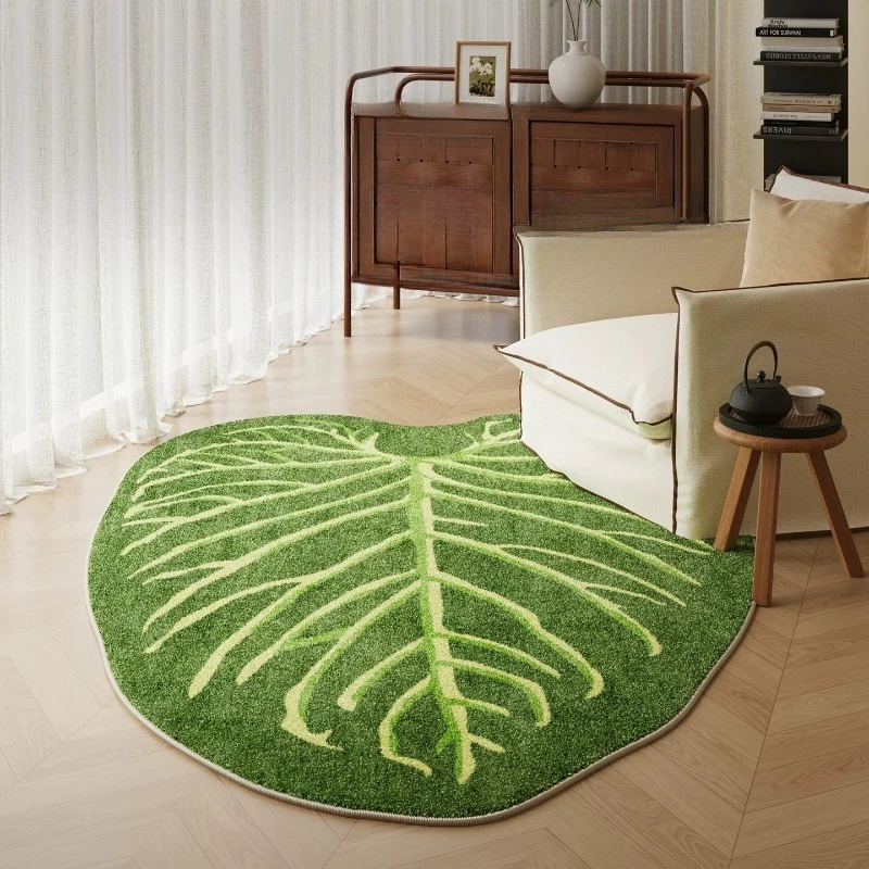 Leaf Pattern Living Room Decoration Green Carpet Irregular Shape Rugs for Bedroom Fluffy Soft Bedside Floor Mat Thick Plush Rug