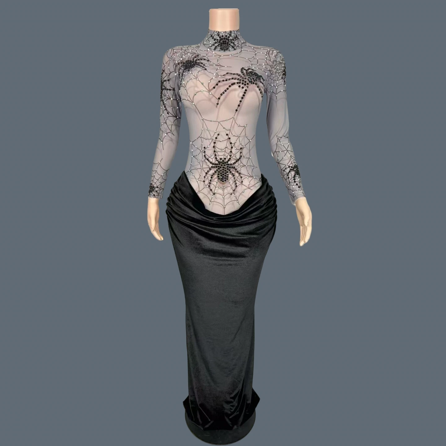 

Black Spider Rhinestone Sparkly Mesh Velvet Long Dress Halloween New Years Eve Evening Dress Sexy Women Party Prom Gown Yequ