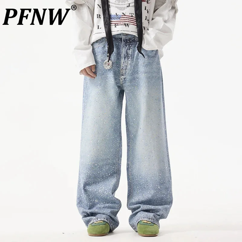 PFNW American Rhinestone Printed Design Vintage Jeans Men's Streetwear Hip Hop Mens Clothing Loose Wide Leg Pants Trendy 28W4644