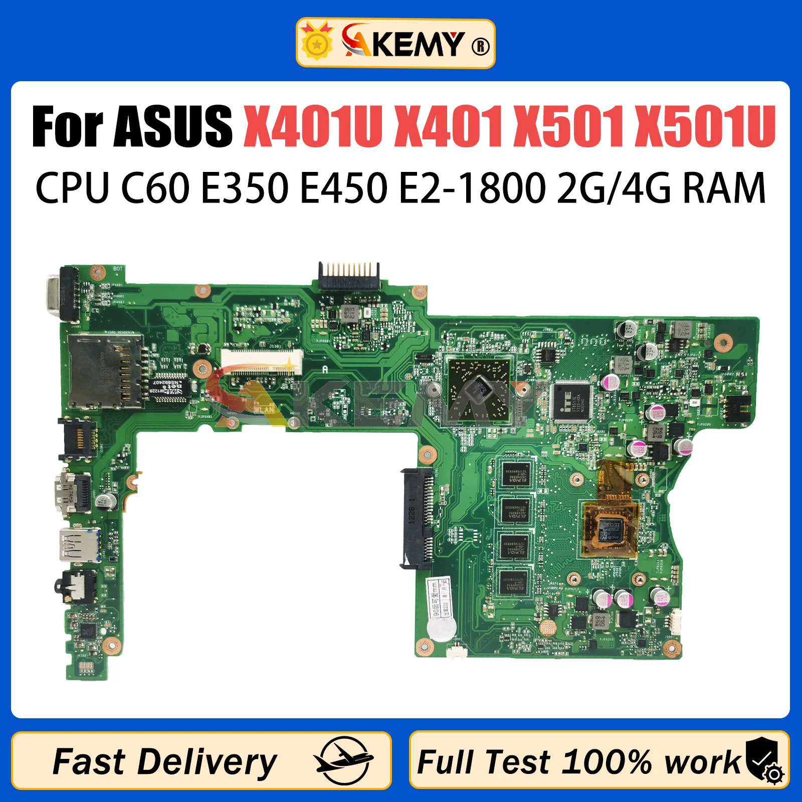 

AKEMY X401U Mainboard For Asus X401 X401U X501 X501U Laptop Motherboard With C60 E350 E450 E2-1800 CPU 2G/4G-RAM 100% Tested OK