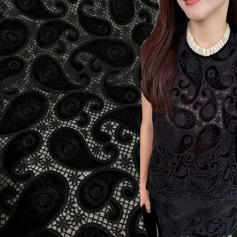 Velvet laser-embroidered fabric with black paisley lace pattern, Autumn Winter dress clothing, DIY handmade sewing fabric