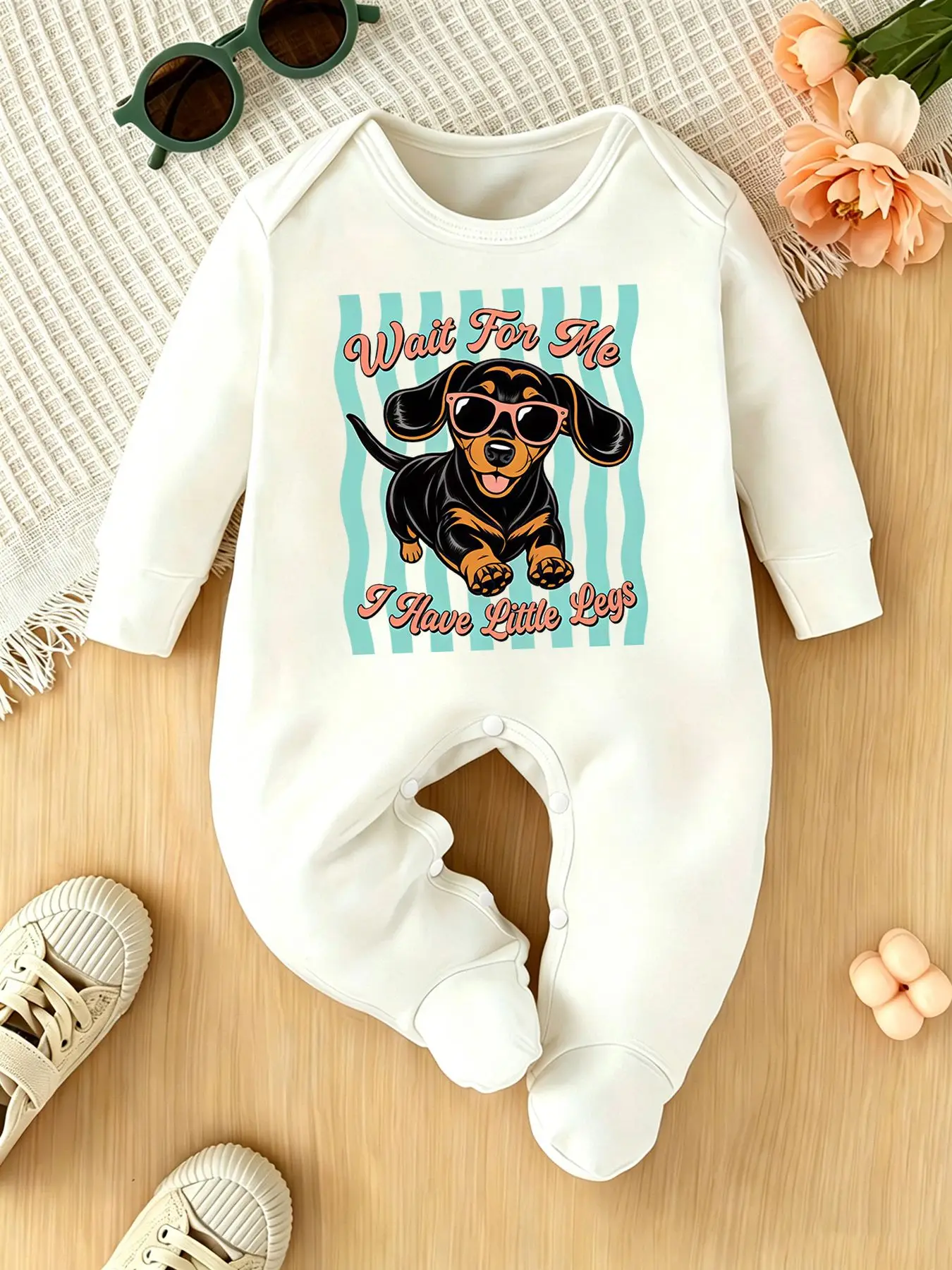 Wait for Me I Have Little Legs Dachshund Dog Baby Footed Onesie Funny Puppy Print Long Sleeve Romper Infant Baby Gift