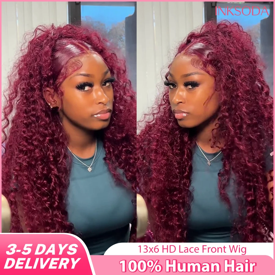 

Deep Wave 13x6 HD Transparent Frontal Wig Colored 99j Burgundy Curly 13x4 Lace Front Human Hair Wigs Preplucked For Women 220%