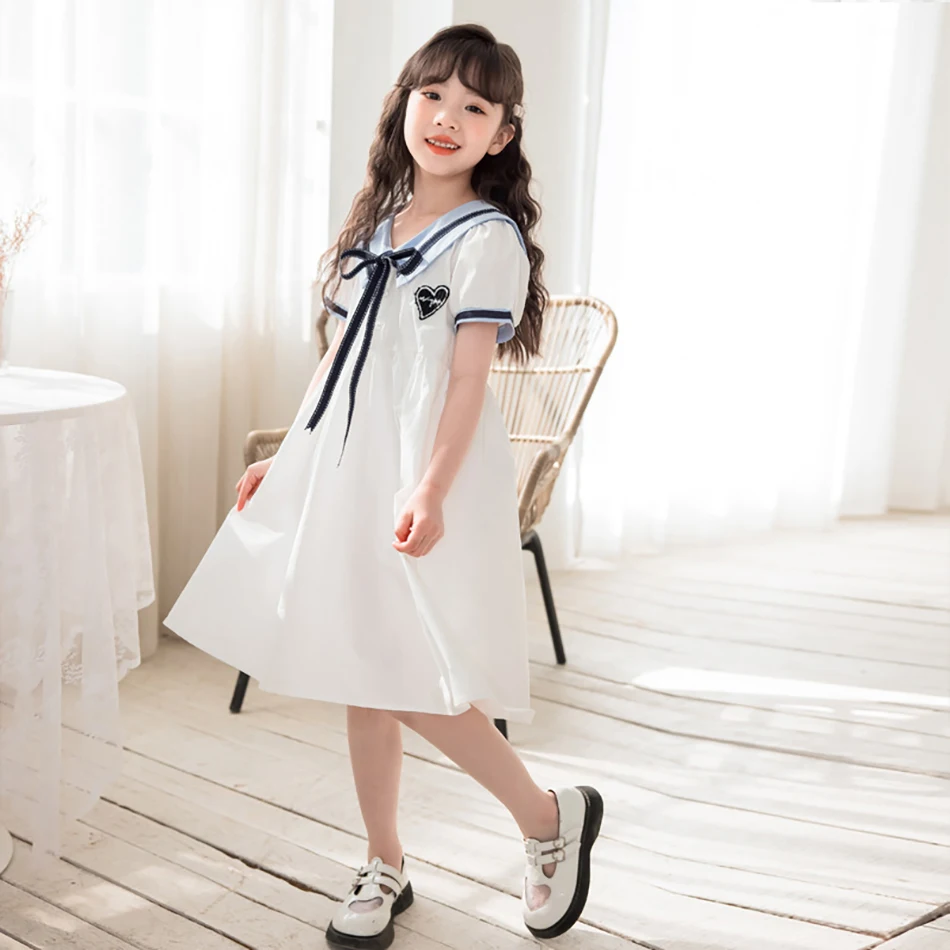 Girls Short Sleeved Lapel White Dress College Style Cotton Shirt Princess Dress Girls Fashionable Versatile Casual Dresses