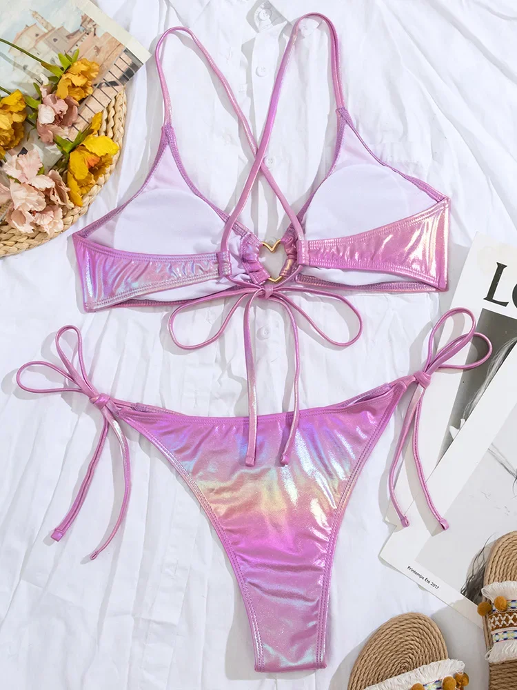 Bikinis de cuero PU brillantes, Bikini con diamantes de corazón, traje de baño para mujer, traje de baño femenino, conjunto de Bikini de dos piezas, traje de baño, ropa de playa