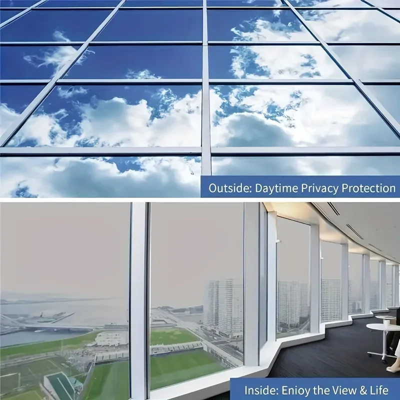 Silver Back One Way Vision Window Tint, Static Cling Reflective Mirror Film Heat Insulation Anti UV Privacy Sticker for House Wi