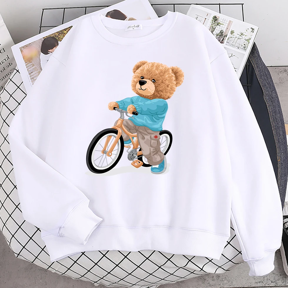 Autumn Woman Pullover A Teddy Bear Wearing A Sweater And Riding A Bicycle Print Hoody Fleece Soft Sweatshirt Loose Warm Tops