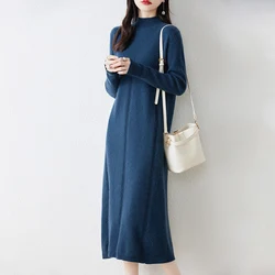 100% Pure Wool Dress Women's Autumn And Winter New Semi-High Collar Long Sleeve Slim Hem Cashmere Sweater Knit Long Skirt